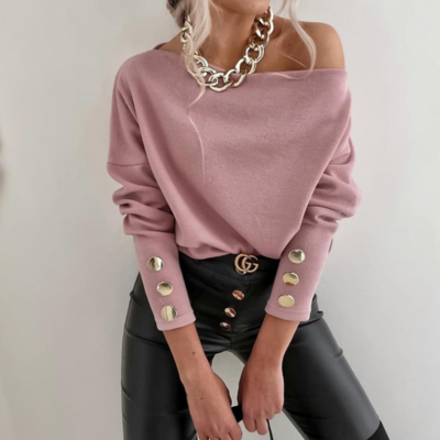 Long-sleeved solid color off-the-shoulder sweater