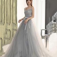 Gray tulle lace long prom dress A line evening gown - Thumbnail 3