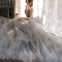 Gray tulle lace long prom dress A line evening gown - Thumbnail 6