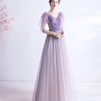 Purple v neck tulle long prom dress A line evening gown - Thumbnail 1