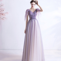 Purple v neck tulle long prom dress A line evening gown - Thumbnail 2