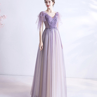 Purple v neck tulle long prom dress A line evening gown - Thumbnail 3