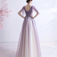 Purple v neck tulle long prom dress A line evening gown - Thumbnail 4