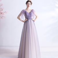 Purple v neck tulle long prom dress A line evening gown - Thumbnail 5