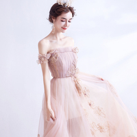 Pink tulle long A line prom dress pink evening dress - Thumbnail 1