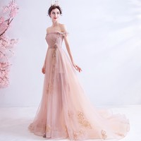 Pink tulle long A line prom dress pink evening dress - Thumbnail 4