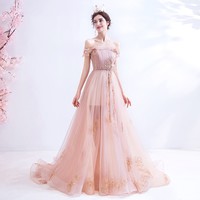 Pink tulle long A line prom dress pink evening dress - Thumbnail 6