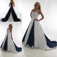 Vintage Navy Blue and White Country Wedding Dresses 2021 Halter Lace-up Lace Stain Western Cowgirls Dresses Plus Size Wedding Gowns,1199 - Thumbnail 1
