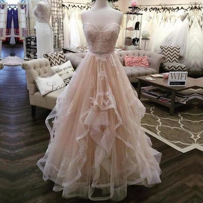 A line lace appliques sweetheart champagne wedding dresses ruffles skirt,1200 - Thumbnail 4