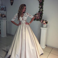 Champagne lace satin long prom dress,champagne evening dresses,1205 - Thumbnail 1