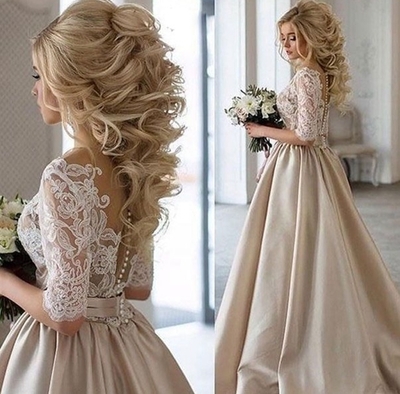 Champagne lace satin long prom dress,champagne evening dresses,1205