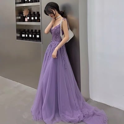 Purple tulle lace long prom dress a line evening gown