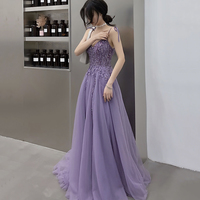 Purple tulle lace long prom dress A line evening gown - Thumbnail 1