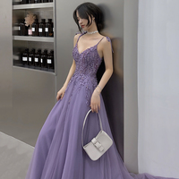Purple tulle lace long prom dress A line evening gown - Thumbnail 2