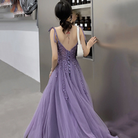 Purple tulle lace long prom dress A line evening gown - Thumbnail 3