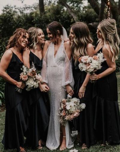 A Line V Neck Black Chiffon Bridesmaid Dresses