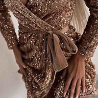V-Neck Sequin Sexy Long Sleeve Dress - Thumbnail 1