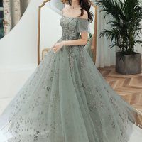 Gray tulle sequins long prom dress A line evening gown - Thumbnail 3