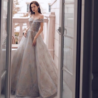 Cute tulle sequins long prom dress a line evening gown