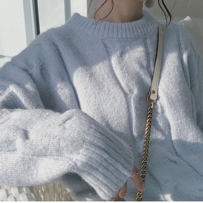 Plus size women autumn winter sweet knit loose pastel white blue pink purple sweaters