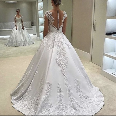 V neck wedding dresses bridal gown with lace applique  - Thumbnail 2