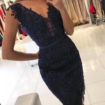 Navy blue v neck short lace prom dress,homecoming dress - Thumbnail 4