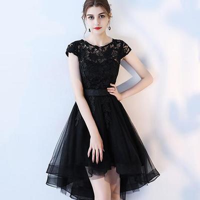 High low black lace prom dress evening dress - Thumbnail 1