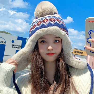 Cute patterns sweet woolen knit plush velvet thick warm winter earmuffs hat