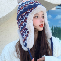 Cute Patterns Sweet Woolen Knit Plush Velvet Thick Warm Winter Earmuffs Hat - Thumbnail 1