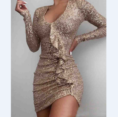 V-Neck Sequined Long Sleeve Ruffled Dress