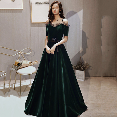 Green velvet long prom dress a line evening gown