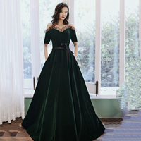 Green velvet long prom dress A line evening gown - Thumbnail 1