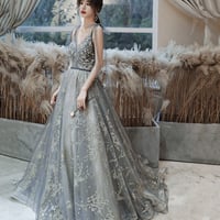 Gray Tulle Sequins Long Prom Dress Evening Gown - Thumbnail 1