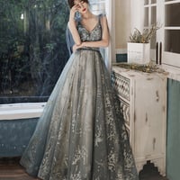 Gray Tulle Sequins Long Prom Dress Evening Gown - Thumbnail 2