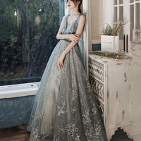 Gray Tulle Sequins Long Prom Dress Evening Gown - Thumbnail 3