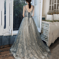 Gray Tulle Sequins Long Prom Dress Evening Gown - Thumbnail 5