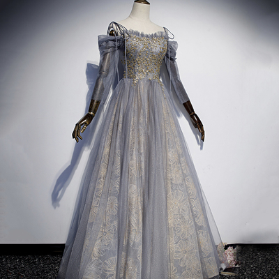 Gray tulle sequins long prom dress evening gown - Thumbnail 5