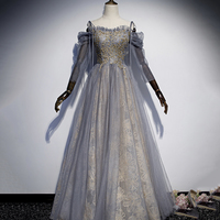 Gray tulle sequins long prom dress evening gown - Thumbnail 1