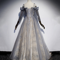 Gray tulle sequins long prom dress evening gown - Thumbnail 2