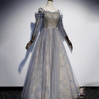 Gray tulle sequins long prom dress evening gown - Thumbnail 3