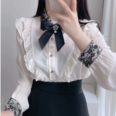  Elegant Bowknot Lace Tops Turn down Collar