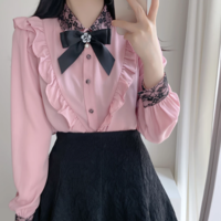  Elegant Bowknot Lace Tops Turn down Collar - Thumbnail 5