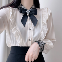  Elegant Bowknot Lace Tops Turn down Collar - Thumbnail 3