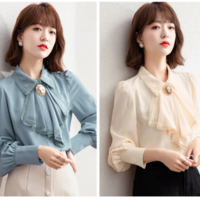 Retro Blue Chiffon Blouse Shirt Autumn Spring - Thumbnail 3