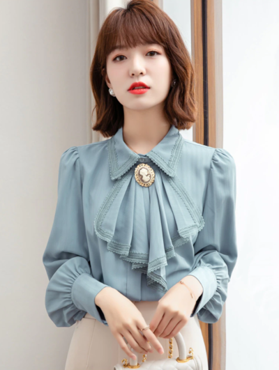 Retro Blue Chiffon Blouse Shirt Autumn Spring