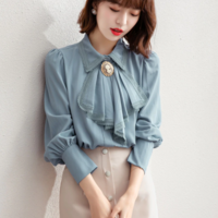 Retro Blue Chiffon Blouse Shirt Autumn Spring - Thumbnail 1