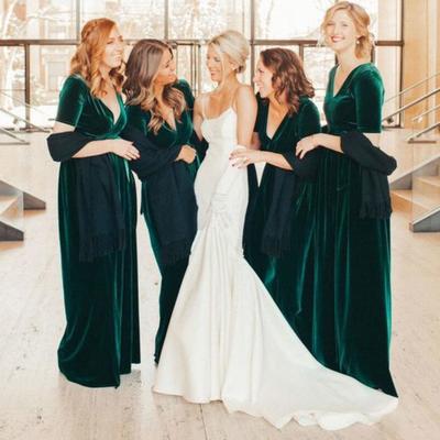 A line dark green velvet long bridesmaid dresses with short sleeves - Thumbnail 3