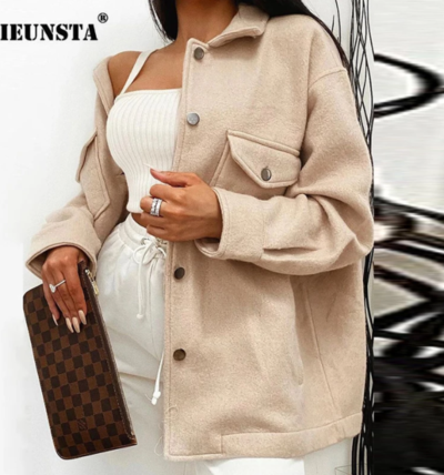  Single Breasted Turn-down Collar Wool Coat 