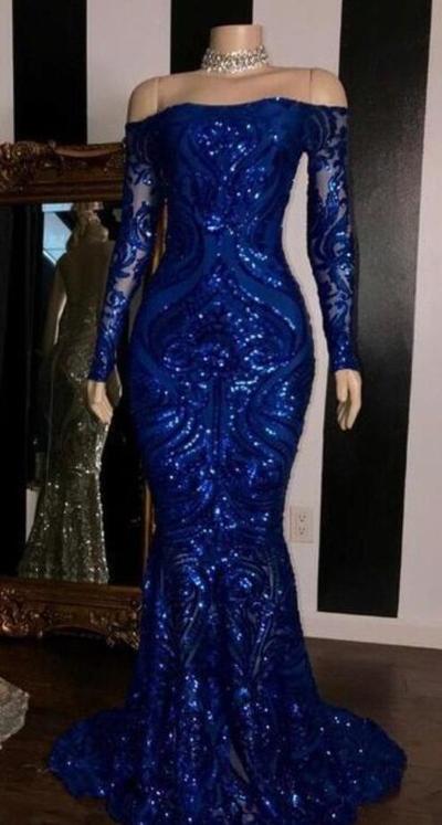 Long Sleeve Royal Blue Formal Dress Evening Gowns