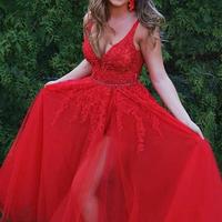 A Line V Neck Tulle Red Lace Prom Dress with Slit - Thumbnail 1